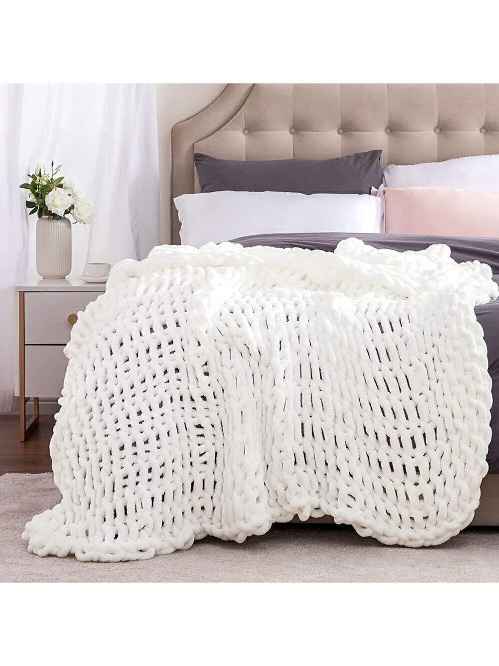 LUXURY Handmade Knitted Yarn Knit Blanket White Durable Soft Home Decor Gift NWT